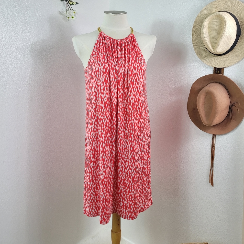 MICHAEL KORS CORAL & WHITE CHAIN NECK SLEEVELESS STRETCH DRESS SZ: M - Picture 1 of 16